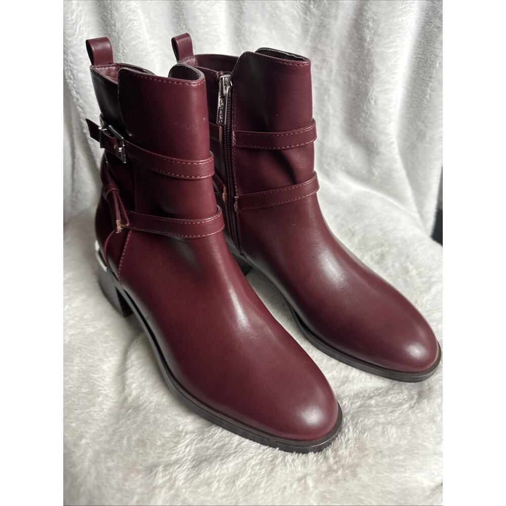 Calvin Klein Women's Jasen Buckle Strap Block Heel Booties Dark Red Sz 5.5 M NIB - Picture 1 of 8